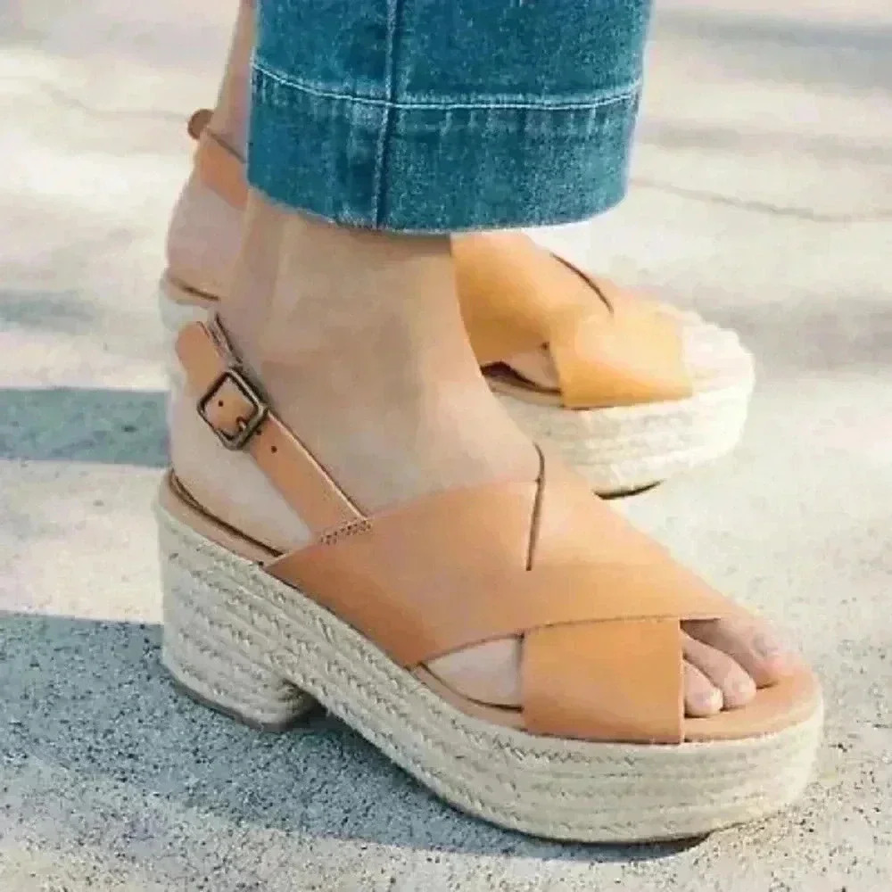 Soludos Amalfi Tan Leather Platform Espadrille Heels Size 9- B13